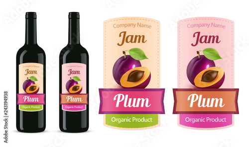 Plum Jam Sticker label isolated on white and trying on a bottle - vector illustration.