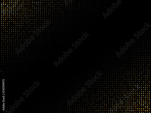 Golden shiny halftone effect pattern. Gold glitter dots texture. Dots pop art background. Yellow brown dots on black Background. Random color gradient vector, gold ornament. Abstract design element