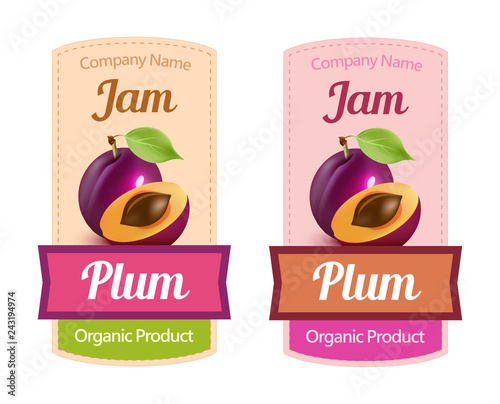 Plum Jam illustration, vector sticker emblem in different colors - Ripe fruit image on syrup or vine label.