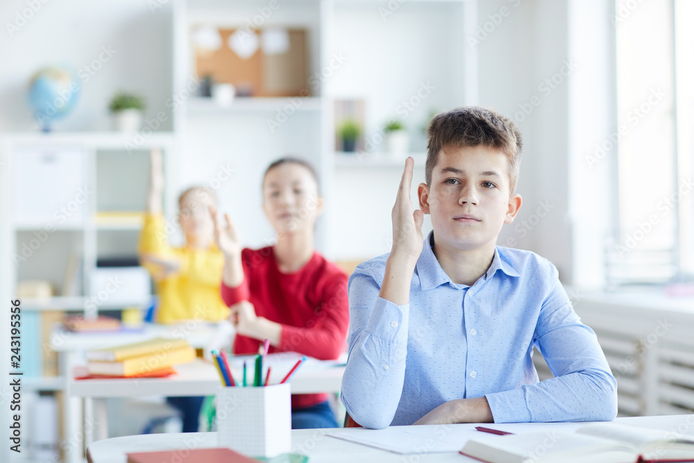 Clever youthful pupil raising hand to answer question of teacher during check-up of home assignment Clever youthful pupil raising hand to answer question of teacher during check-up of home assignment
