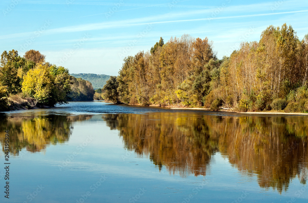 River in Aquitaine in the south of France on a cloudy day.