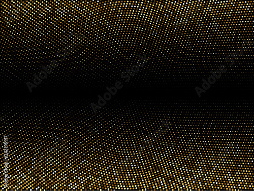 Golden shiny halftone effect pattern. Gold glitter dots texture. Dots pop art background. Yellow brown dots on black Background. Random color gradient vector, gold ornament. Abstract design element