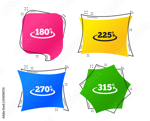 Angle 180-315 degrees icons. Geometry math signs symbols. Full complete rotation arrow. Geometric colorful tags. Banners with flat icons. Trendy design. Vector