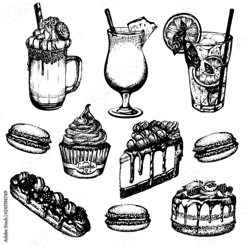 Vector illustration of coffee cocktails and sweets made in hand drawn sketch realistic style. Mojito, frappuccino, milkshake, pina colada. Template for card poster banner.