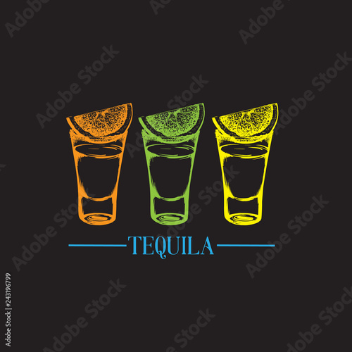Vector illustration of tequila glasses made in hand drawn style. Vector template for business card, banner, poster and print.  Bar menu design. Cocktail party icon.