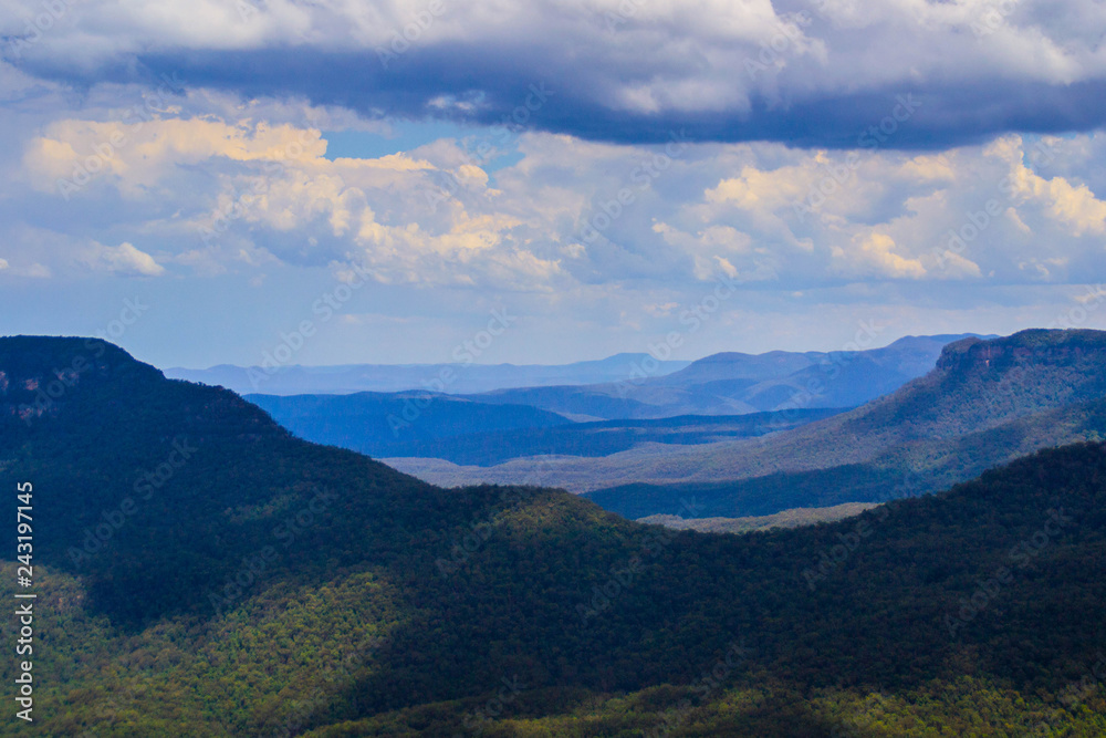 Panoramic landscape view of iconic Three Sisters rock monument in Blue Mountains near Sydney, New South Wales, Australia. The most popular natural attraction. National park outdoor travel background. 