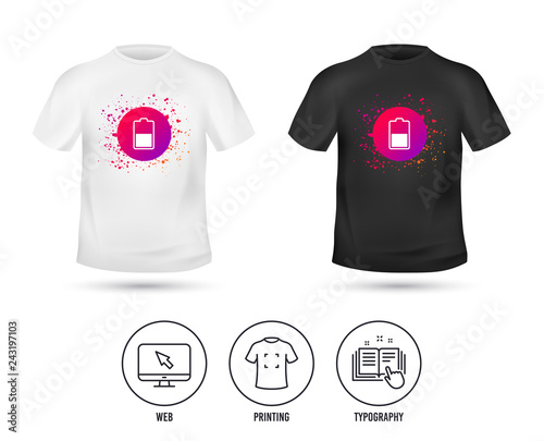 T-shirt mock up template. Battery half level sign icon. Low electricity symbol. Realistic shirt mockup design. Printing, typography icon. Vector