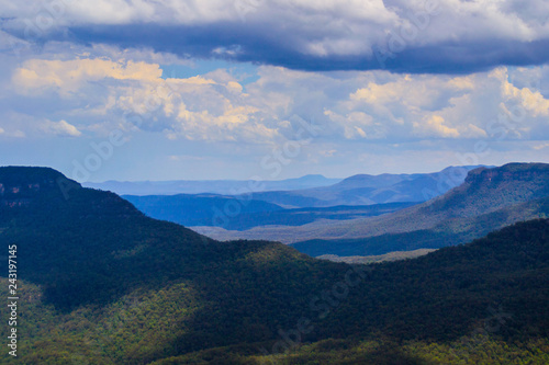 Panoramic landscape view of iconic Three Sisters rock monument in Blue Mountains near Sydney, New South Wales, Australia. The most popular natural attraction. National park outdoor travel background.  © Dajahof