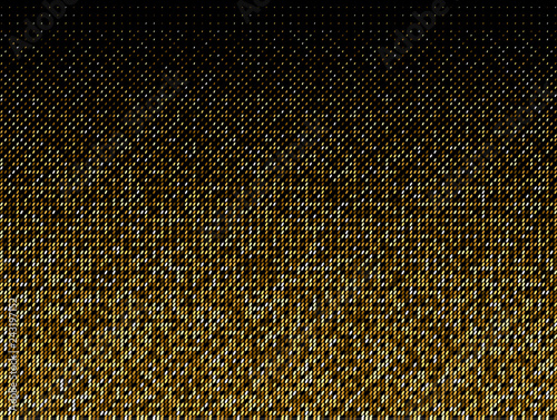Golden fabric texture. Golden shiny halftone pattern. Gold glitter dots background. Yellow brown dots on black Background. Random color gradient vector, gold ornament. Abstract design element.