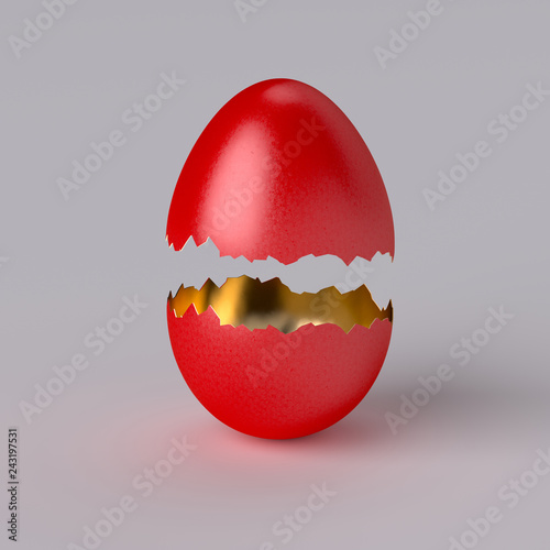 Cracked red egg shell isolated on grey background. 3d illustration. 