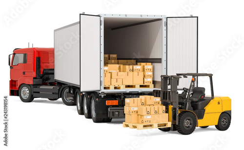 Lorry with parcels and forklift truck with cardboard boxes. Freight transportation, delivery concept, 3D rendering