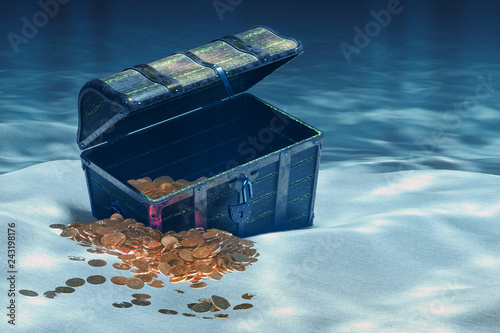 Open treasure chest with gold underwater, 3D rendering photo