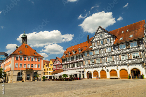 Schorndorf, main square of historical centre and a tower of Stadtkirche church, a town in Baden-Württemberg, Germany photo