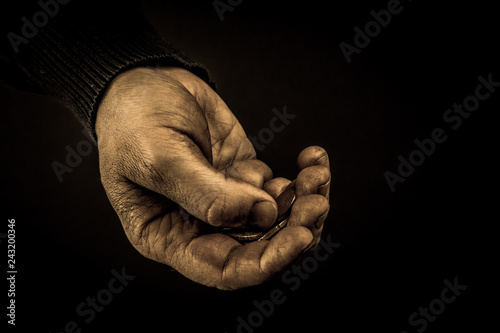 Helping hands concept, Man's hands palms up holding money coins, need care and support, reaching out, aged photo amber