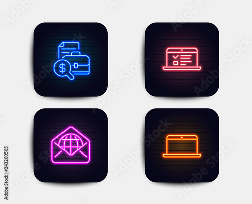 Neon glow lights. Set of Web mail, Accounting report and Web lectures icons. Laptop sign. World communication, Financial case, Online test. Mobile computer.  Neon icons. Glowing light banners. Vector