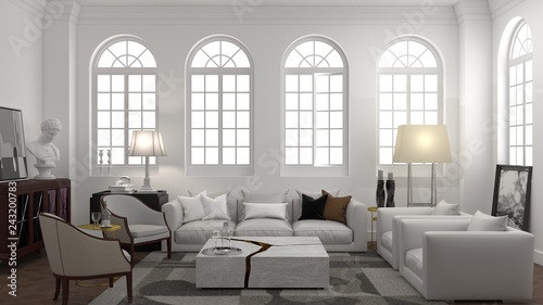 Interior design of white room with arched windows in modern classic style.