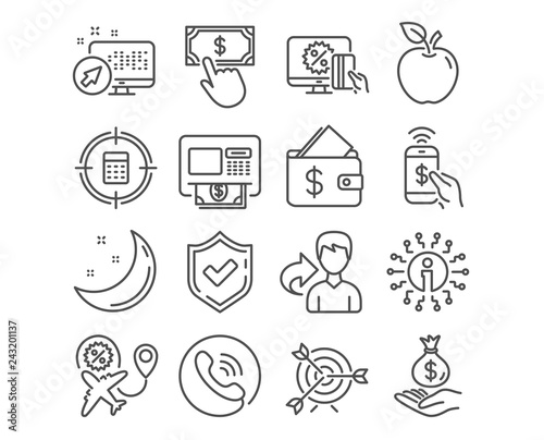 Set of Income money, Target and Wallet icons. Flight sale, Atm and Payment click signs. Calculator target, Online shopping and Phone payment symbols. Savings, Targeting, Affordability. Vector photo
