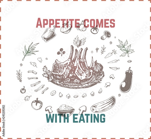 Grilled pork ribs illustration. Vector sketch