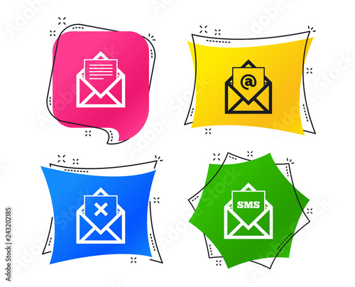 Mail envelope icons. Message document symbols. Post office letter signs. Delete mail and SMS message. Geometric colorful tags. Banners with flat icons. Trendy design. Vector
