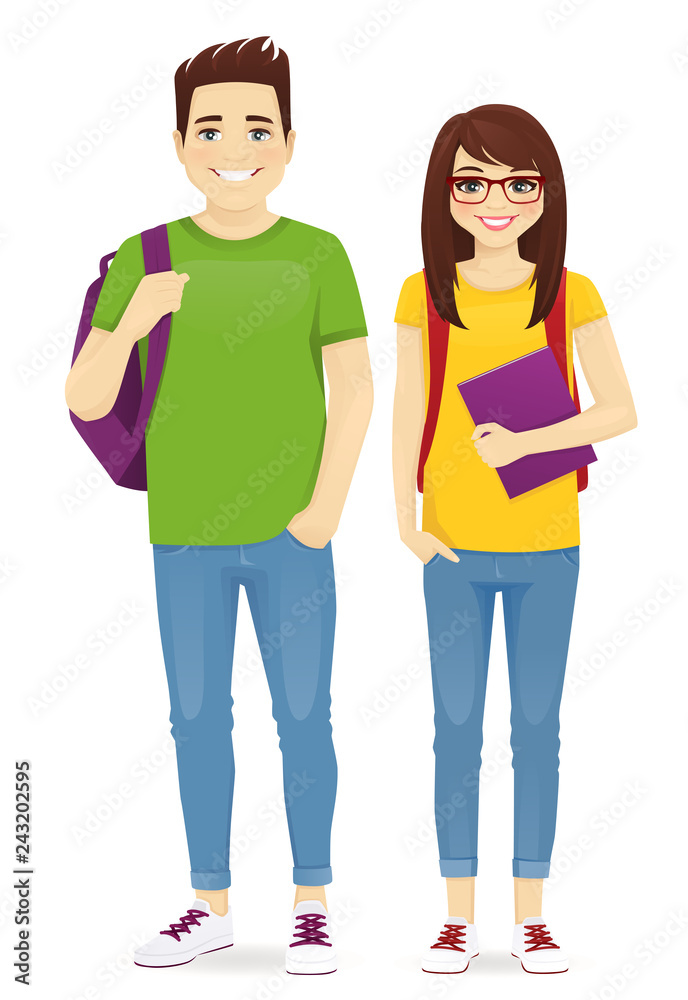 Young people in casual clothes with backbackpacks. Smiling man and girl isolated vector illustration Young people in casual clothes with backbackpacks. Smiling man and girl isolated vector illustration