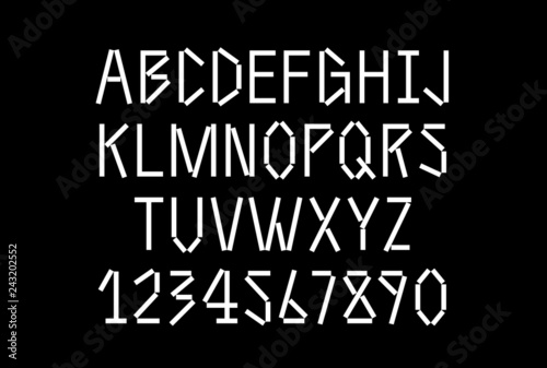Stencil pattern latin typeface, editable font with uppercase, numbers, punctuation symbol glyphs with neon tube vibes and energy, simple and geometric
