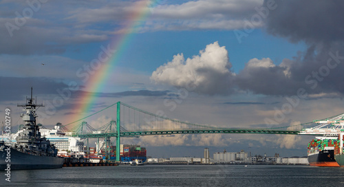Fotografie A rainbow over the Port of Los Angeles main channel, Battleship Iowa, a cruise s
