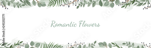 Horisontal botanical vector design banner. Pink rose, eucalyptus, succulents, flowers, greenery. Natural spring card or frame. photo