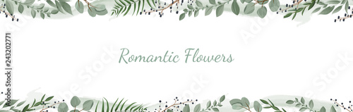 Horisontal botanical vector design banner. Pink rose, eucalyptus, succulents, flowers, greenery. Natural spring card or frame.