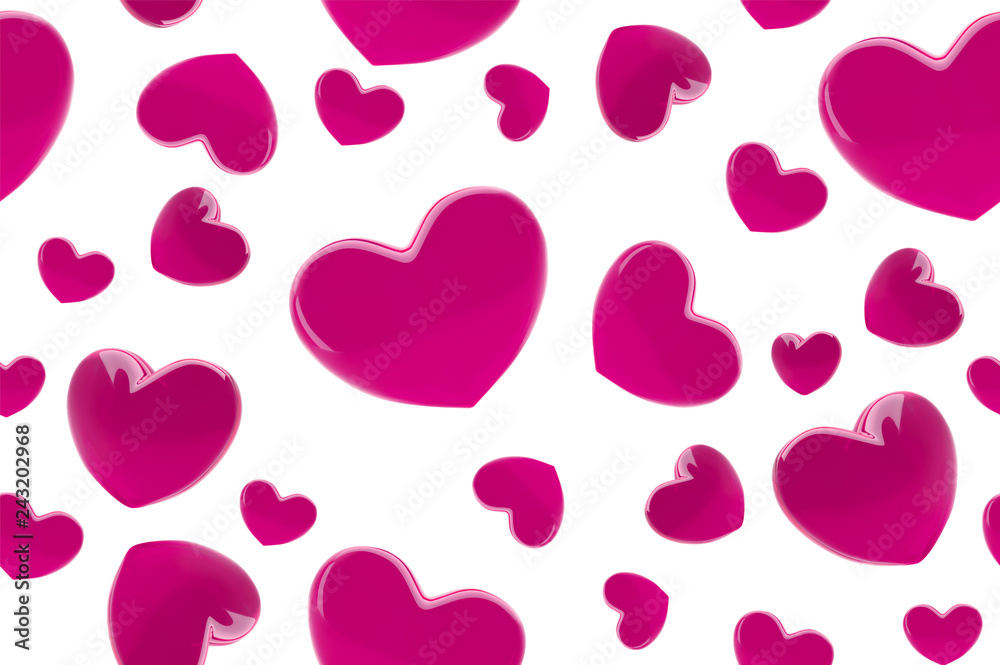 Valentine's day hearts seamless pattern. Background with Pink 3d realistic hearts. Beautiful abstract wallpaper. Valentine day love card. Vector illustration. Vector cute romantic banner design.