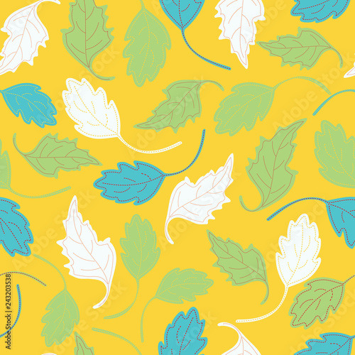 Pretty, tossed, hand drawn leaves in bright summer colors. Seamless repeating pattern. Multi direction for textiles, stationery, gift wrapping paper, home decor and graphic design. Vector.