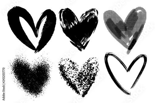 Vector collections of hand drawn grunge Valentine hearts isolated on transparent background. Heart symbol by hand. Various style hand drawn heart shapes