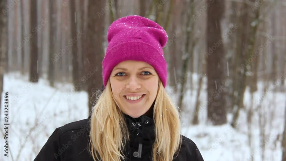 Happy Young Natural Beauty Woman Plays With a Snow at Snowy Forest Outdoor. Winter Time Snowing Outside. Happy Young Natural Beauty Woman Plays With a Snow at Snowy Forest Outdoor. Winter Time Snowing Outside.