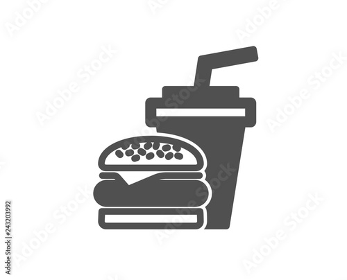 Hamburger with drink icon. Fast food restaurant sign. Hamburger or cheeseburger symbol. Quality design element. Classic style icon. Vector