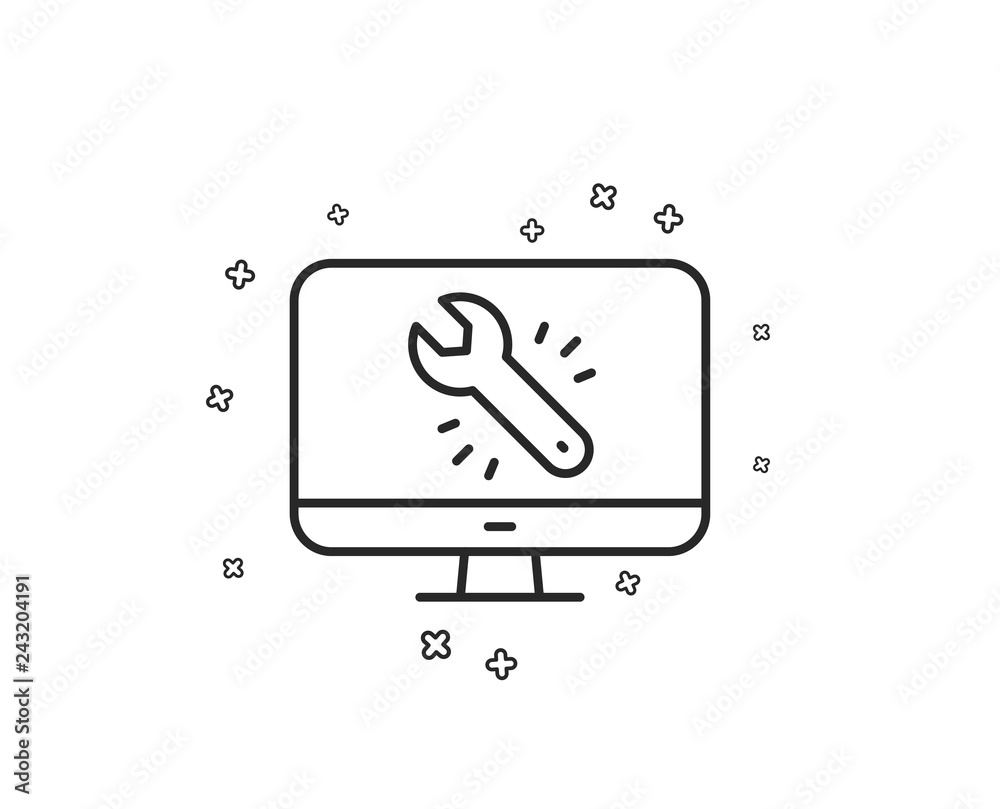 Spanner tool line icon. Monitor or computer repair service sign. Fix instruments symbol. Geometric shapes. Random cross elements. Linear Monitor repair icon design. Vector Spanner tool line icon. Monitor or computer repair service sign. Fix instruments symbol. Geometric shapes. Random cross elements. Linear Monitor repair icon design. Vector