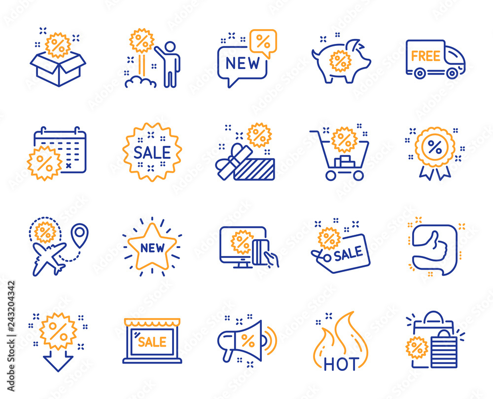 Discount line icons. Set of Shopping, Sale and New icons. Free delivery, Flight sale and Black friday discount. Hot offer, Airplane and new store. Online shopping. Black friday clearance. Vector Discount line icons. Set of Shopping, Sale and New icons. Free delivery, Flight sale and Black friday discount. Hot offer, Airplane and new store. Online shopping. Black friday clearance. Vector