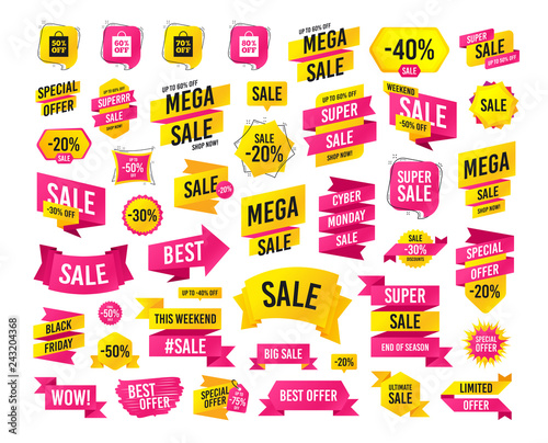 Sales banner. Super mega discounts. Sale bag tag icons. Discount special offer symbols. 50%, 60%, 70% and 80% percent off signs. Black friday. Cyber monday. Vector