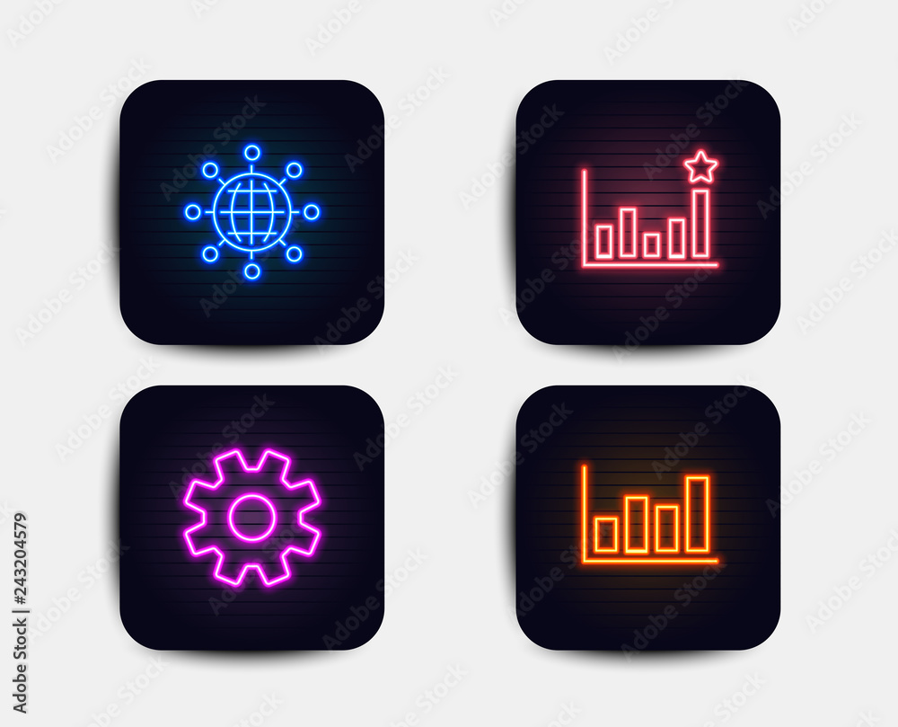 Neon glow lights. Set of Efficacy, Service and International globe icons. Report diagram sign. Business chart, Cogwheel gear, World networking. Financial market. Neon icons. Glowing light banners Neon glow lights. Set of Efficacy, Service and International globe icons. Report diagram sign. Business chart, Cogwheel gear, World networking. Financial market. Neon icons. Glowing light banners