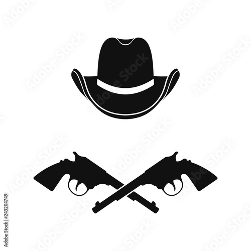 Cowboy  hat and two crossed revolvers icon. Vector. Isolated.