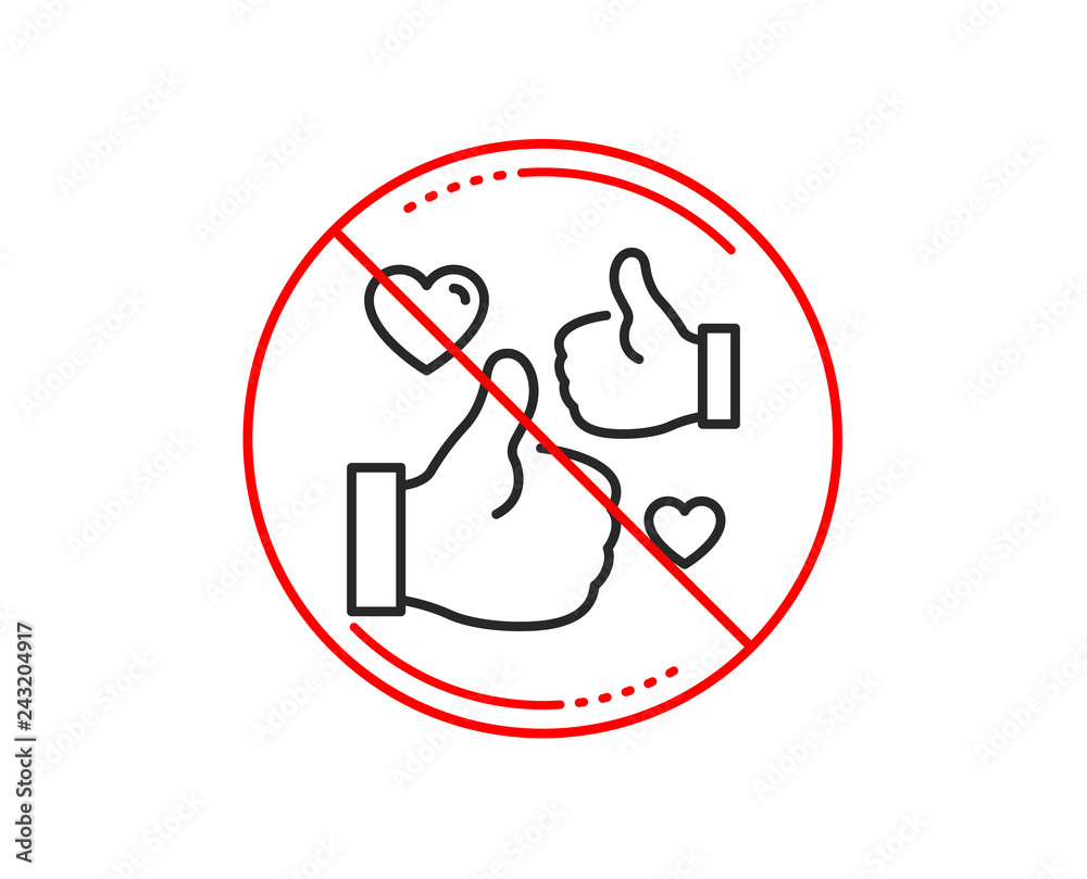 No or stop sign. Like line icon. Thumbs up with heart sign. Positive feedback, social media symbol. Caution prohibited ban stop symbol. No icon design. Vector No or stop sign. Like line icon. Thumbs up with heart sign. Positive feedback, social media symbol. Caution prohibited ban stop symbol. No icon design. Vector