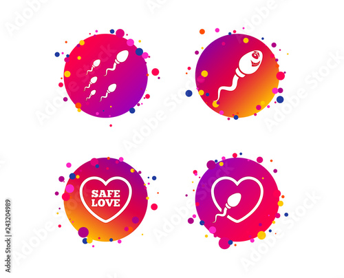 Sperm icons. Fertilization or insemination signs. Safe love heart symbol. Gradient circle buttons with icons. Random dots design. Vector