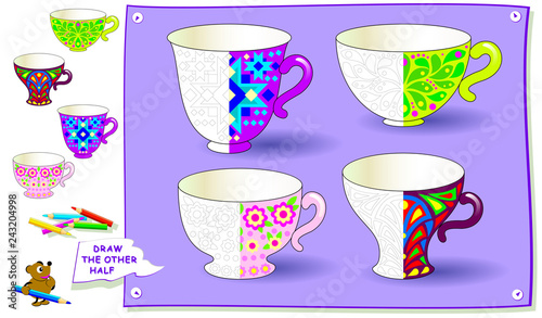 Educational page for kids. Need to paint the second parts of cups. Developing children skills for drawing and coloring. Back to school. Vector cartoon image.