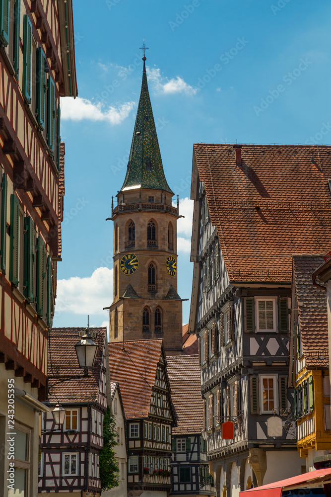 Schorndorf, main square of historical centre and a tower of Stadtkirche church, a town in Baden-Württemberg, Germany
