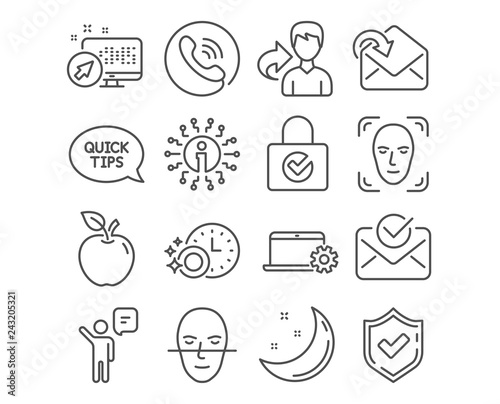 Set of Face detection, Agent and Face recognition icons. Approved mail, Notebook service and Receive mail signs. Dishwasher timer, Quickstart guide and Password encryption symbols. Vector