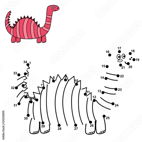 Connect the dots and draw a cute dinosaur. Numbers game for children. Vector illustration