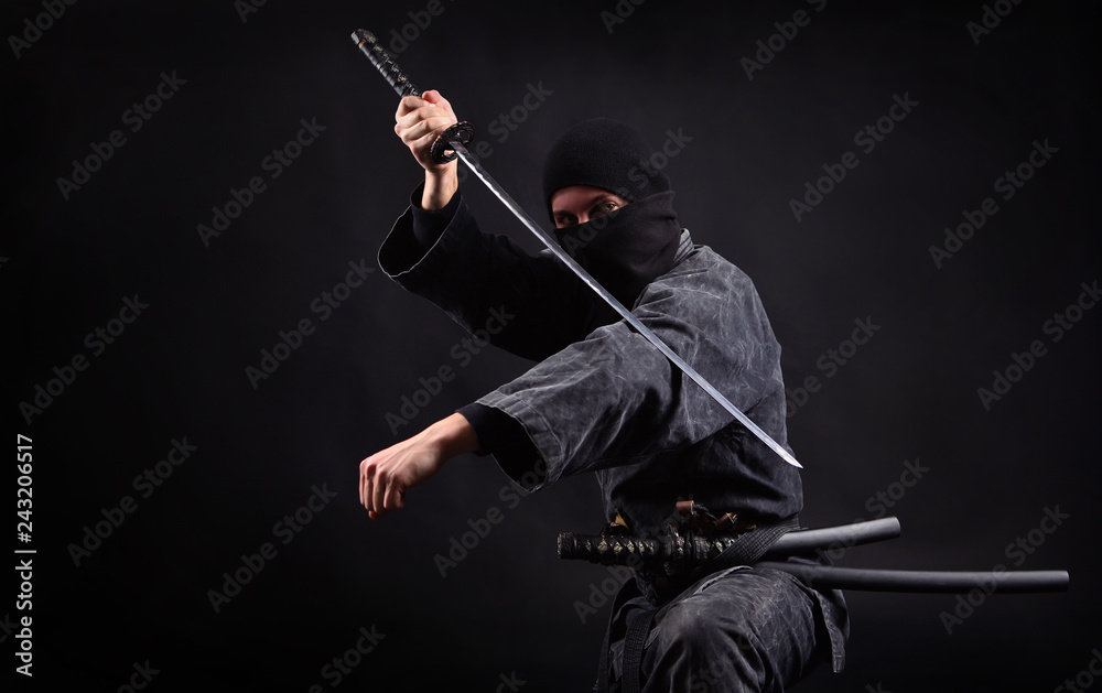 Ninja samurai with katana in attack pose Stock Photo | Adobe Stock