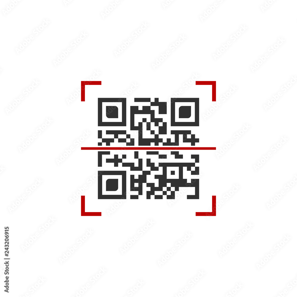 Vector illustration of QR code in red scanning frame. vector illustration isolated on white background.