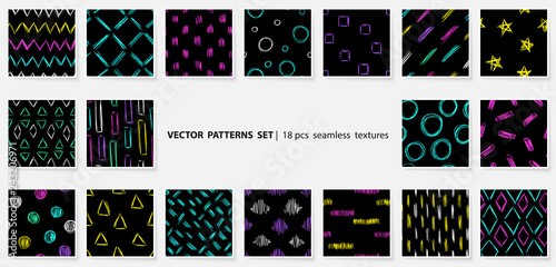 Scribble patterns set. Doodles backgrounds. Quirky sketches. Scrawl elements. Hand drawn effect vector. Pen lines. Simple strokes seamless textures.