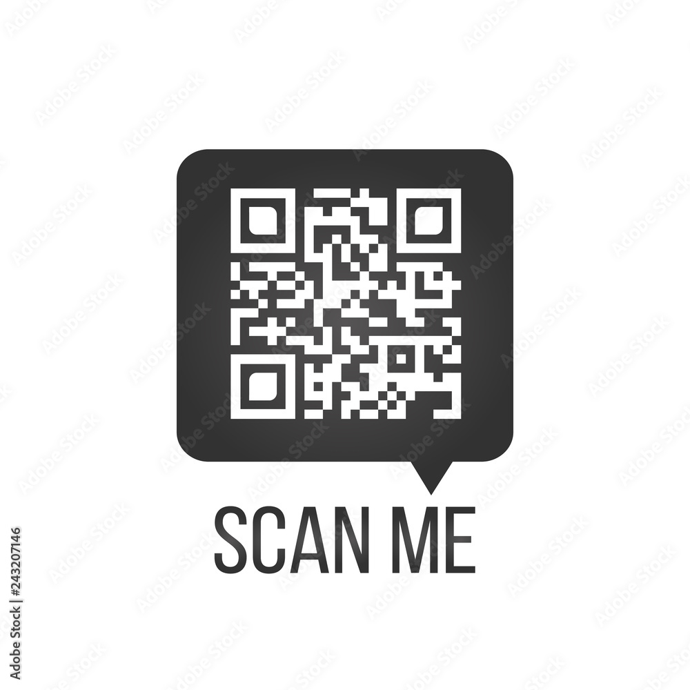 QR code in speech bubble, scan me concept, vector icon or symbol isolated on white background. QR code in speech bubble, scan me concept, vector icon or symbol isolated on white background.