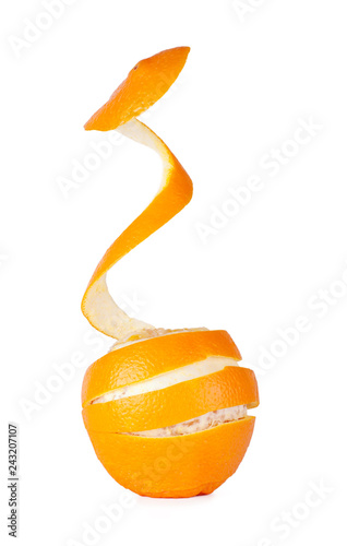 orange peel in the form of a spiral, peeled orange,.  isolated on white background