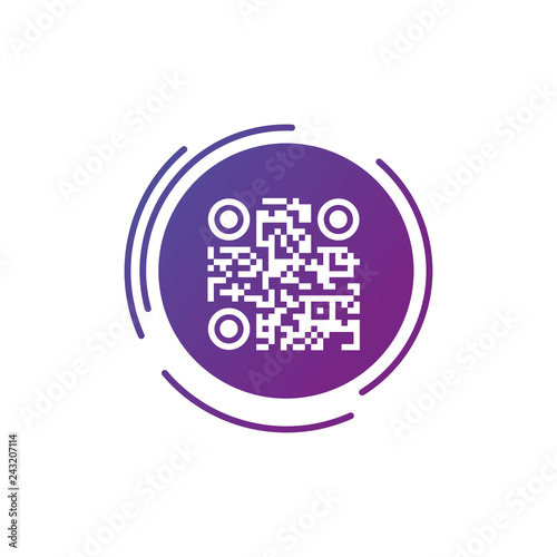 Qr code sign icon in purple gradient futuristic circle. Scan code symbol. vector illustration isolated on white background.